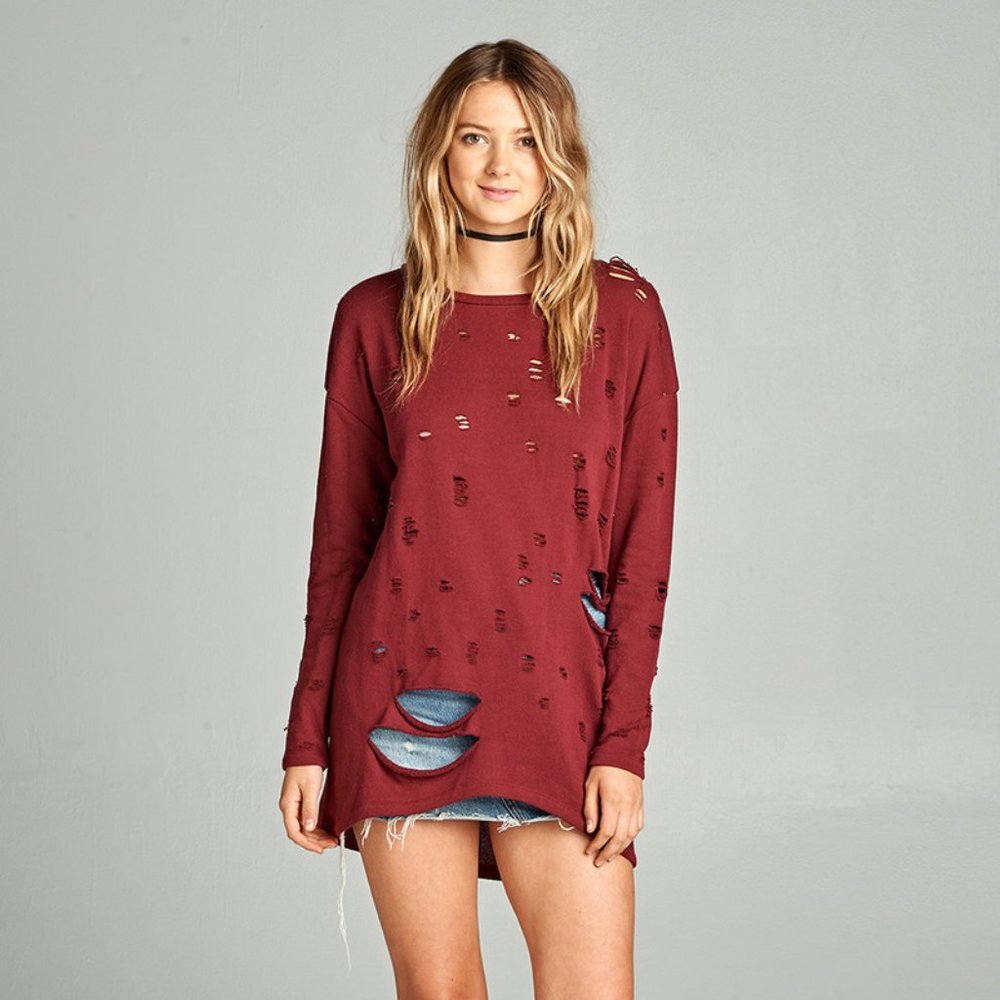 Burgundy Deep Red Distressed Ripped Sweater